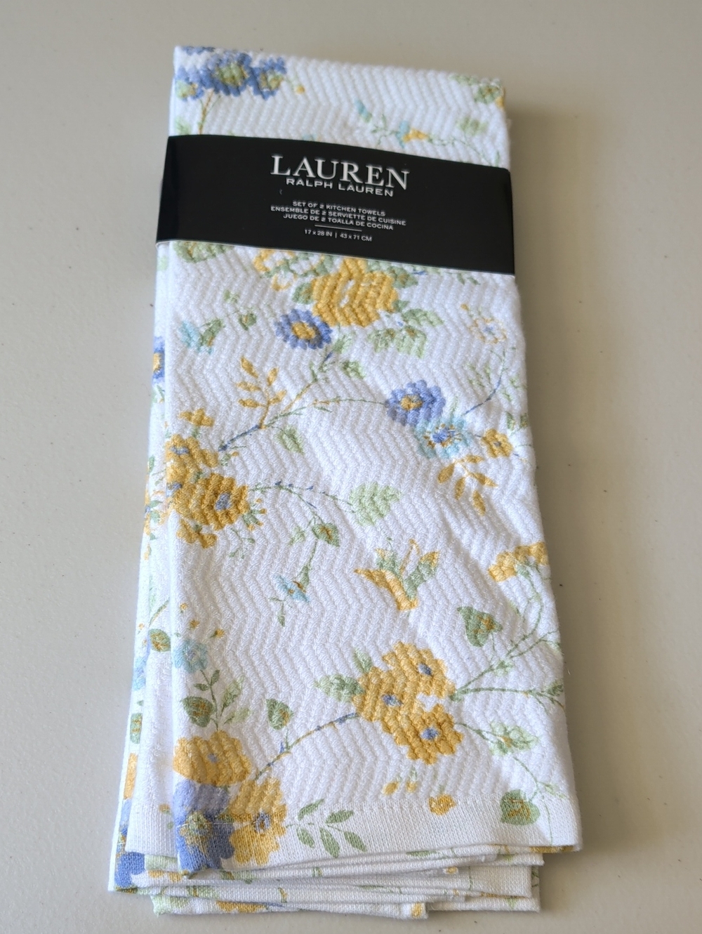Lauren Ralph Lauren White Kitchen Towels with Yellow and Blue Floral Print